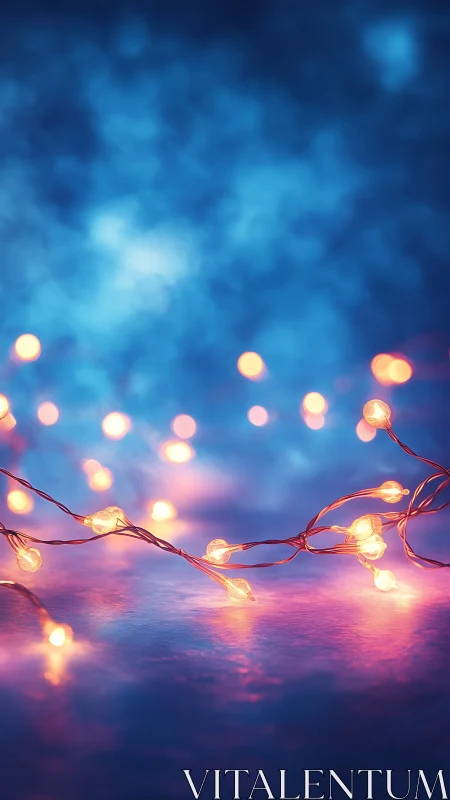 Soft bokeh string lights glow against a dreamy blue haze