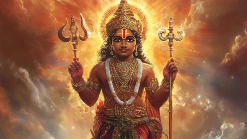 Radiant young deity stands in golden heavenly light