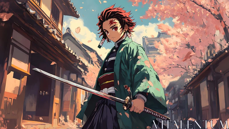 Samurai warrior stands beneath drifting cherry blossoms.