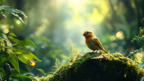 Small Songbird on Mossy Rock in Sunlit Forest, Photorealistic Style.
