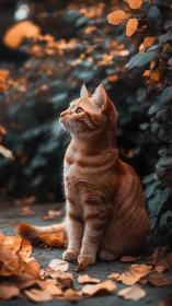 Orange tabby cat sitting among autumn leaves. Period.