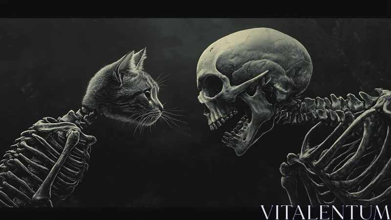Digital painting of cat hybrid skeleton facing human skull profile.