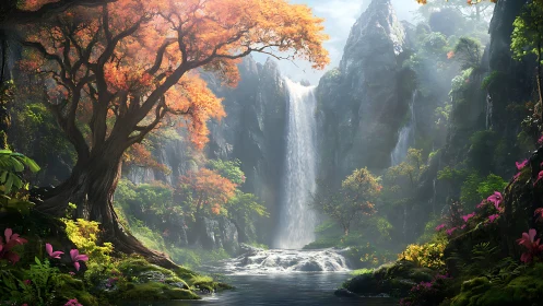 Luminous waterfall valley with autumn tree and flora.