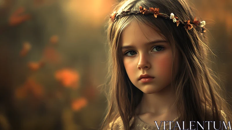 Melancholic young girl stands in warm autumnal forest light