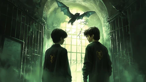 Twin boys in gothic corridor under luminous green bat light