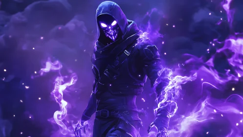 Hooded spectral assassin strides through luminous violet plasma