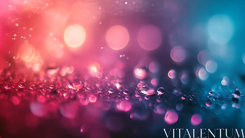 Macro water droplets on pink and blue bokeh surface.