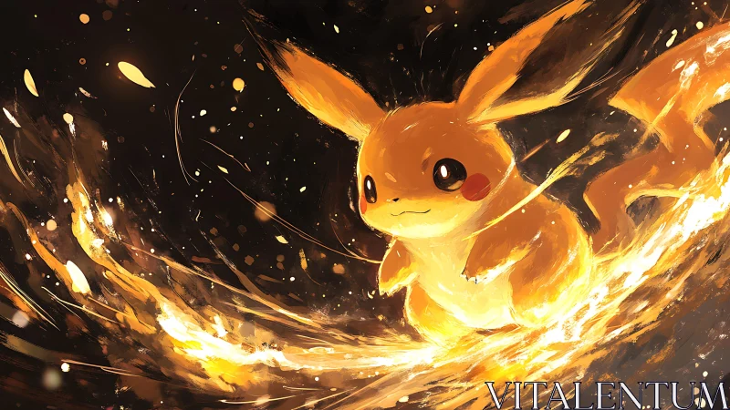Pikachu charges through molten gold sparks in dark void.