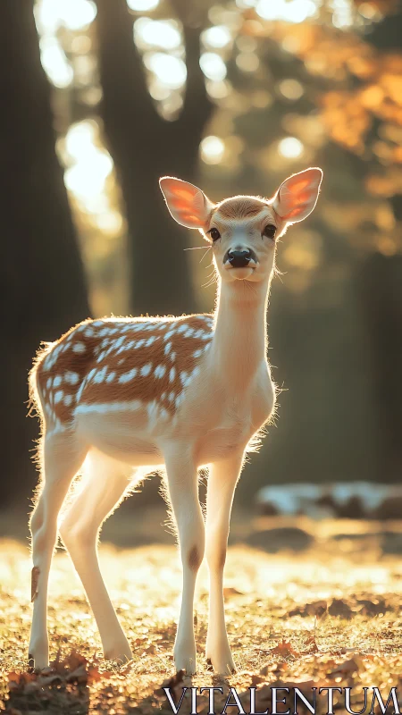 Backlit fawn stands in soft golden forest bokeh lighting