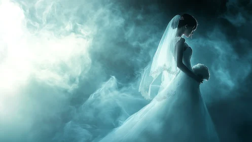 Ethereal bride stands in glowing mist, captured in profile
