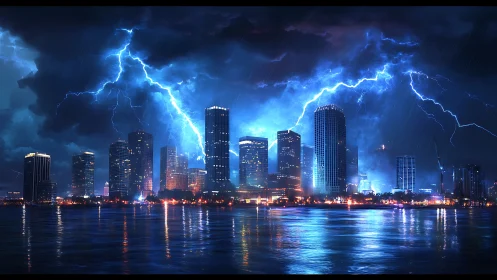 Electric tempest crowns a neon city skyline at midnight.