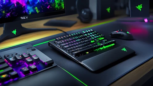 Gaming peripherals with RGB lighting on desk setup.
