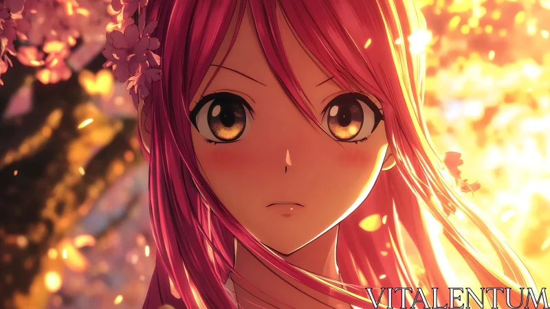 Pink haired girl under glowing cherry blossoms at dusk.