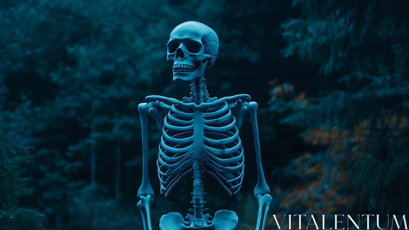 Luminous human skeleton model isolated in cool-toned forest night