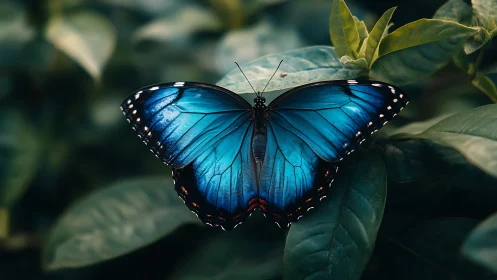 Electric sapphire butterfly resting on shadow-soaked leaves.