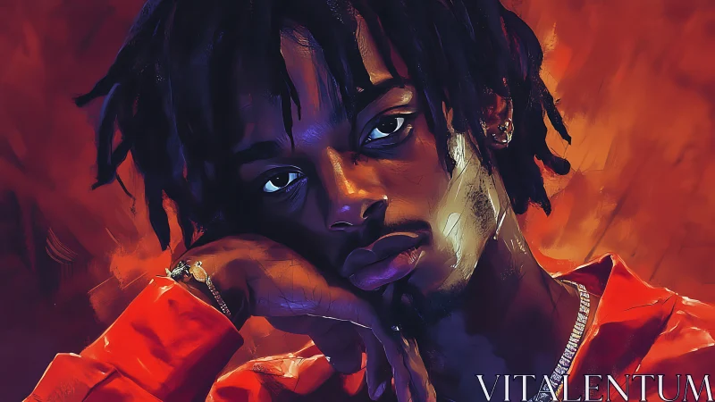 Restless gaze leans into firelit shadows and painted silence