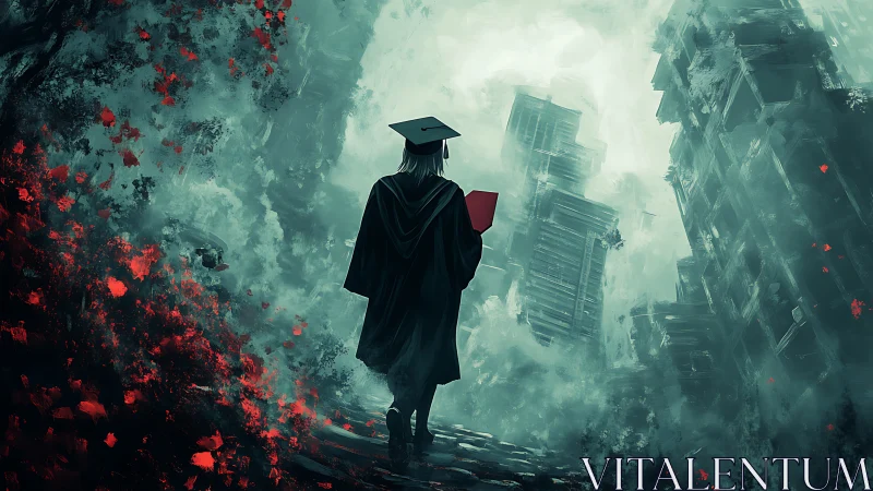 Graduate figure in cap and gown amid ruined cityscape.