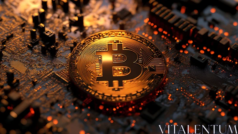 Glowing bitcoin coin resting on a lively digital circuit board.