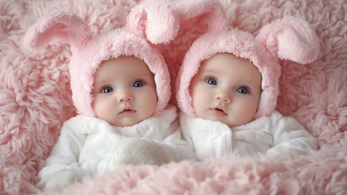 Twin infants in pink bunny hoods captured in soft pastel lighting
