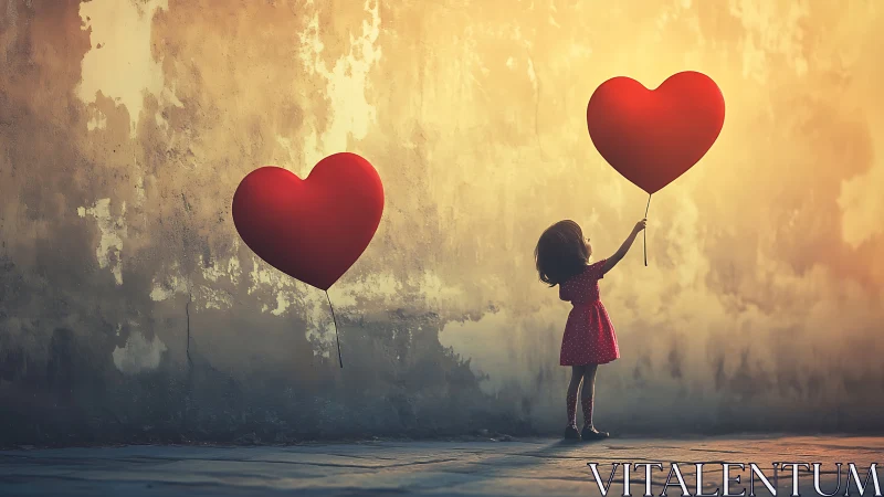 Child holding heart-shaped balloons against atmospheric background