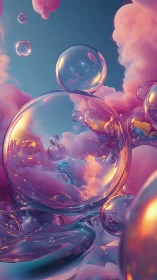 Iridescent glass spheres drifting through pastel vapor clouds.