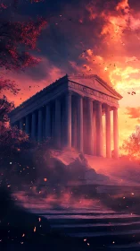 Twilight temple glowing beneath a storm of soft embers.