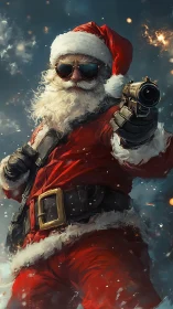 Militarized Santa in dynamic low-angle pose with sidearm raised