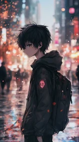 Solitary anime boy walks through neon city rain at dusk