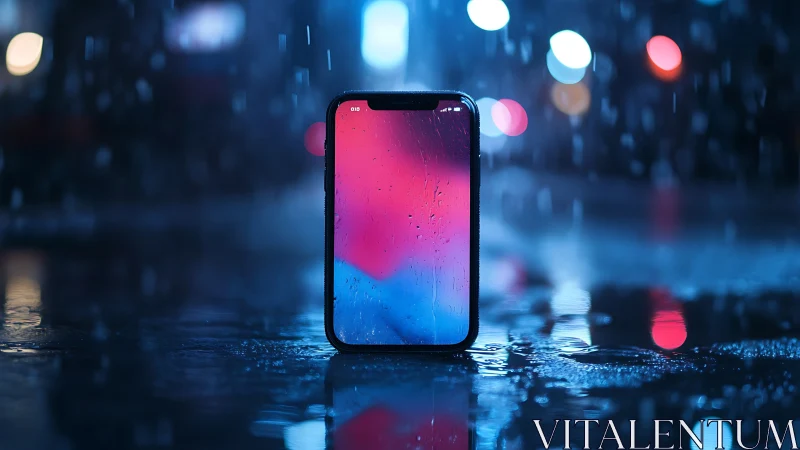 Smartphone rendered with gradient display in neon urban setting.