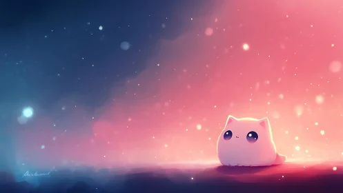 Minimal cat-like character on gradient night backdrop.