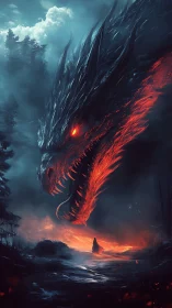 Enormous fire dragon looms above lone cloaked wanderer.