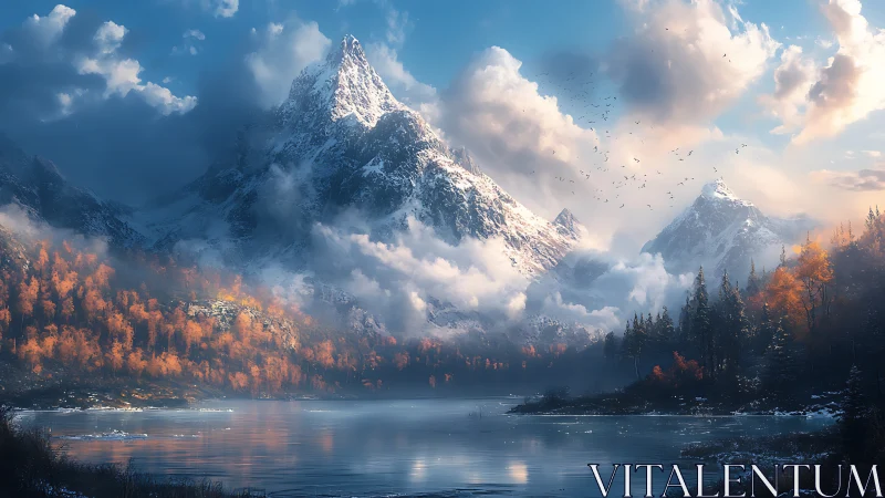 Snowcapped mountain rises over misty lake at autumn dawn