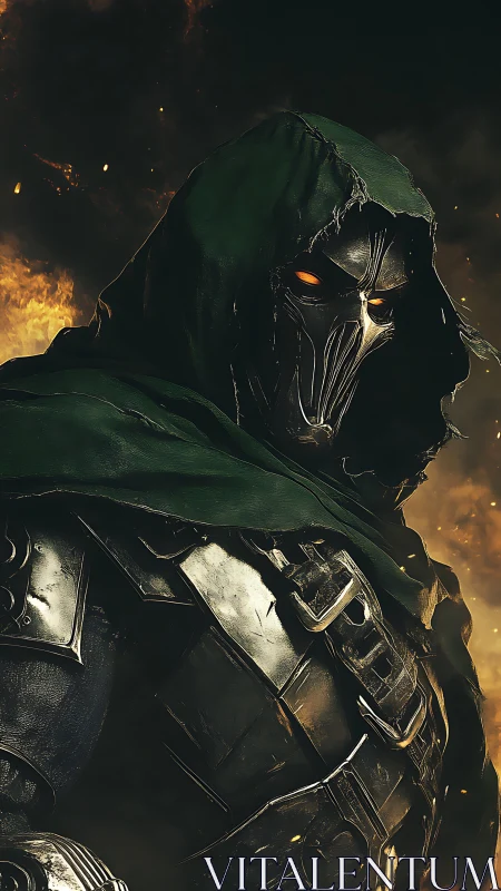 Hooded inferno warlord in charred armor and molten gaze.