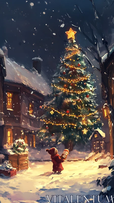 Child in red coat observes illuminated Christmas tree at night