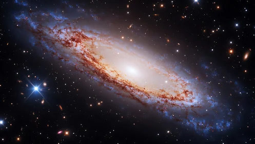 Spiral galaxy with bright core in dense star field in space.