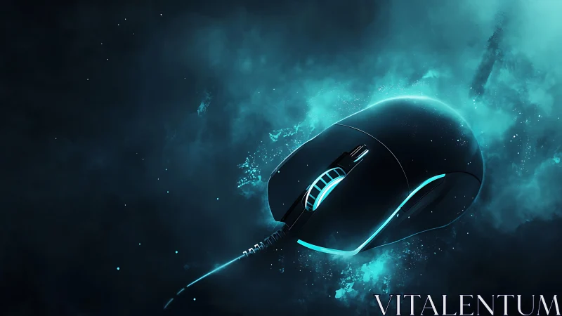 Futuristic wired gaming mouse with cyan neon edge lighting.