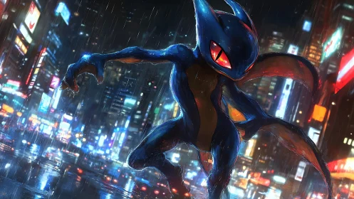 Bioluminescent creature stalks neon city under dynamic rain lighting