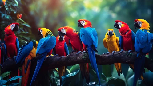 Vibrant Scarlet Macaws on Jungle Branch in Lush Natural Light.