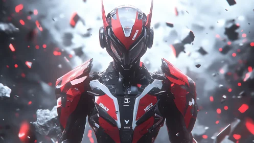 Scarlet combat exosuit amid floating shrapnel storm.