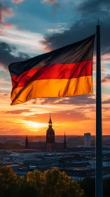 German flag in dynamic sunset backlight over urban skyline
