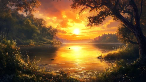 Radiant river sunset beneath sprawling woodland canopy.