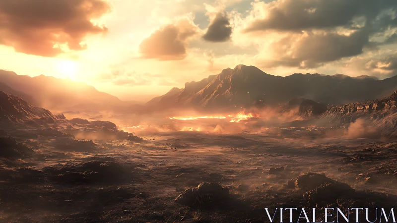 Volcanic valley under blazing sunset with cinematic haze.