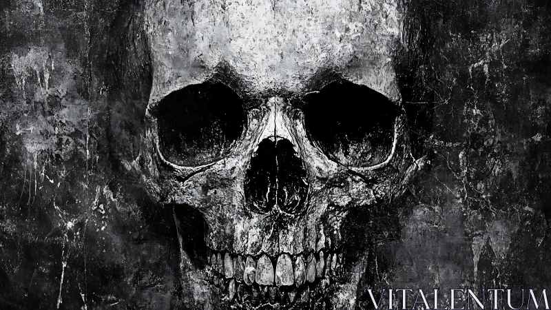 Weathered human skull emerges from grunge shadowed void