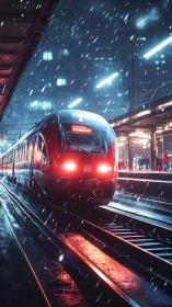 Night train gliding through rain at a glowing city platform.