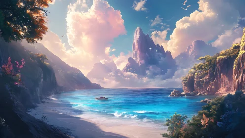 Fantastical Coastal Sanctuary: Rendered Landscape with Crystalline Waters.