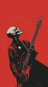 Skeletal rock bassist leans back in bold red spotlight.