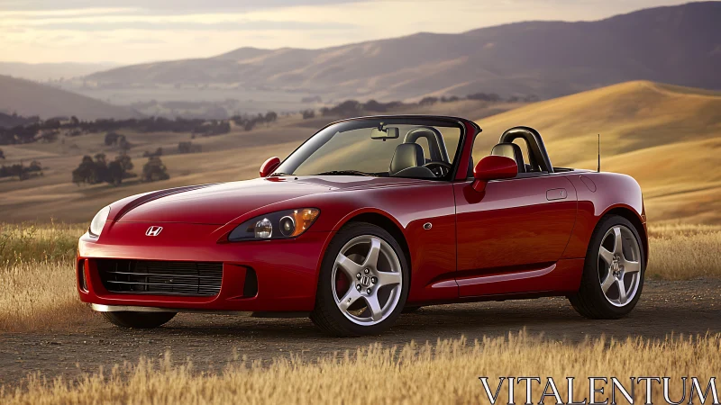 Red convertible sports car parked on rural roadside at dusk.