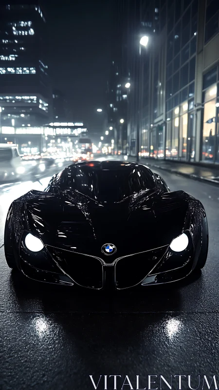 Futuristic black BMW sports car on wet night city street.