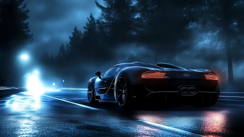 Hypercar accelerates through rain-soaked nocturnal highway