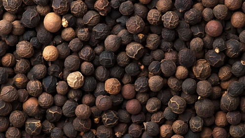 Whole black peppercorns fill frame with varied surface textures